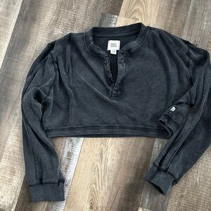 BDG Black Cropped Waffle Henley Top